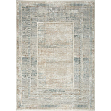 Glitz GLZ07 Modern Abstract Geometric Border Distressed Metallic Shimmer Hi-Low Textured Soft-Touch Polyester Low Profile Short-Pile Ivory/Beige/Taupe/Blue Rug-Nourison-Rug Love - The Most Loved Rug Store